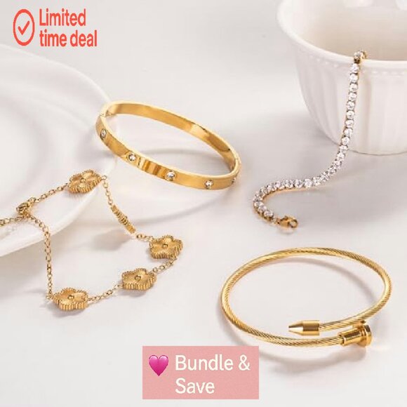 18K Gold Plated Tennis Bracelet Set, 4-Piece Stackable, Adjustable, Stainless - Picture 6 of 8